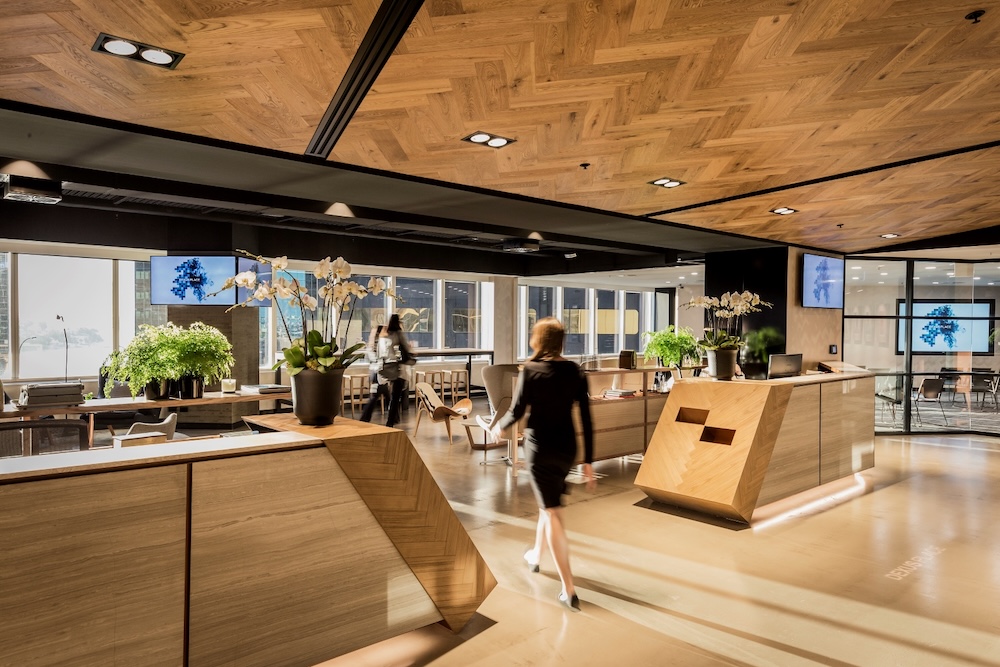 A spacious, modern office area with a distinctive wooden ceiling, large desks and meeting rooms.