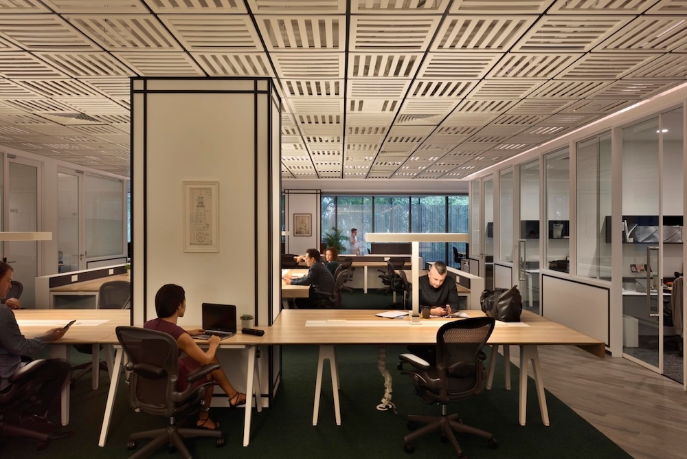 A shared office space occupied by employees