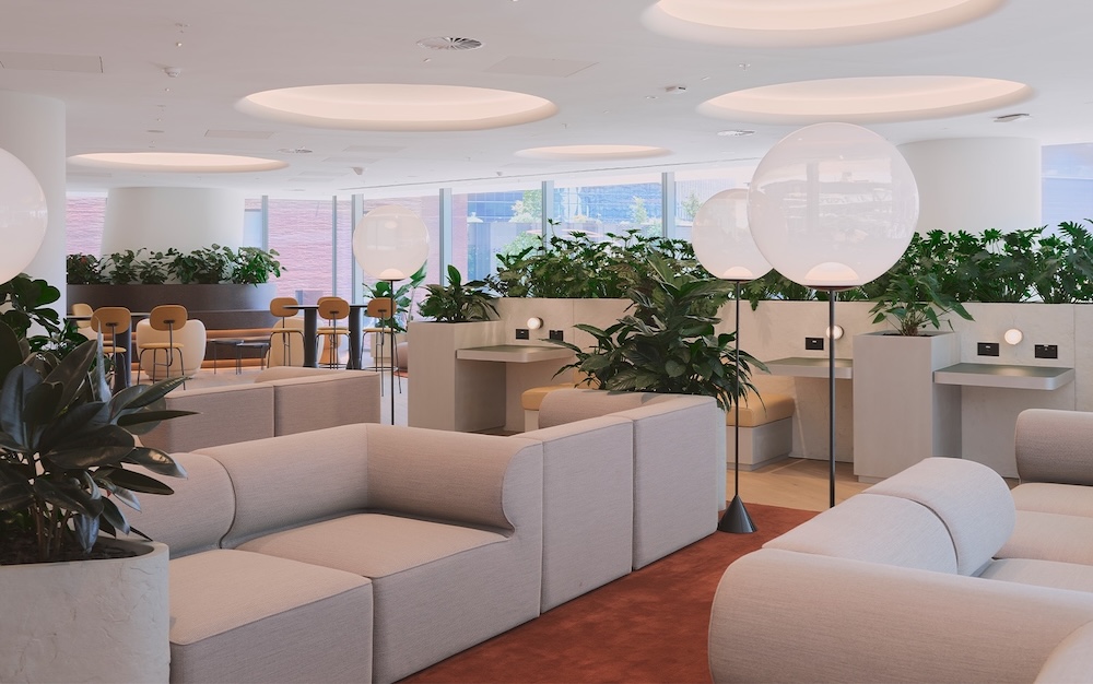A common space in The Work Project Quay Quarter Tower, Sydney featuring plush seating, greenery, plenty of natural light and views for better wellness.